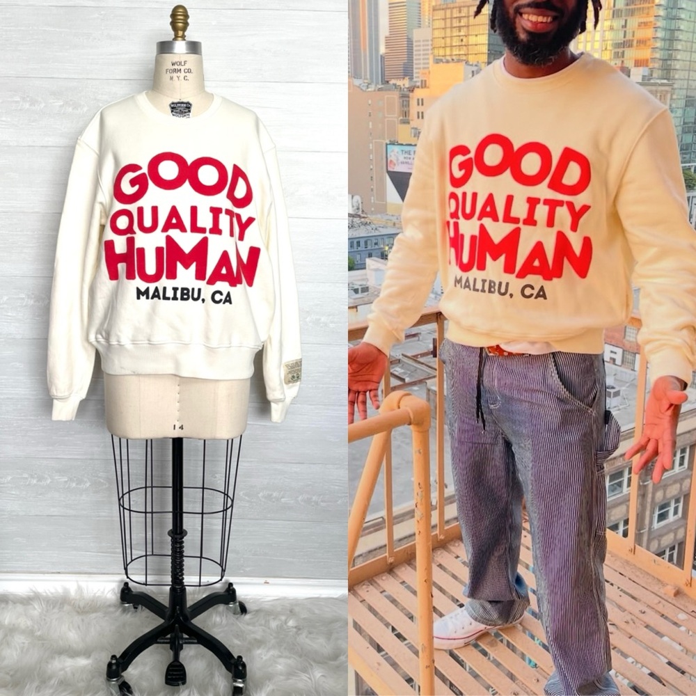 GOOD QUALITY HUMAN MALIBU Hoodie Cream Red UNISEX Size M 100% Cotton MADE IN USA